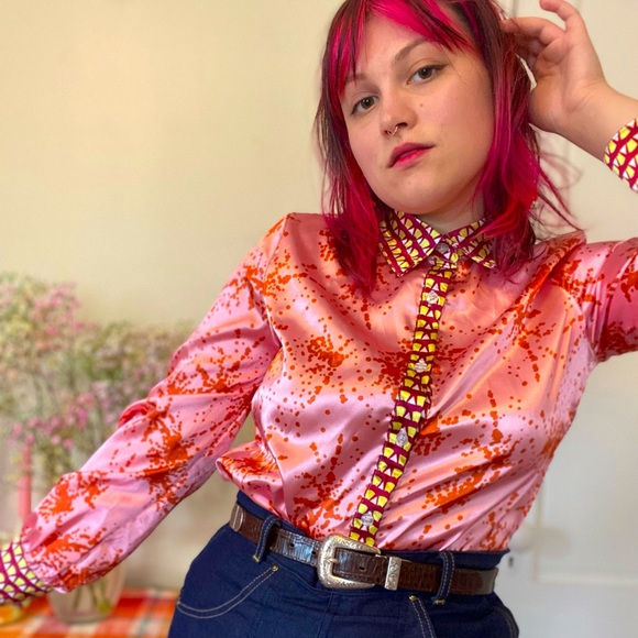 Silky Patterned Button Up Blouse - Picture 1 of 4